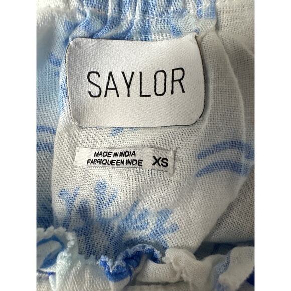 Saylor Svetlanna Top Shell Print Linen Blend Peasant Blouse Blue Off-White XS - Picture 5 of 8